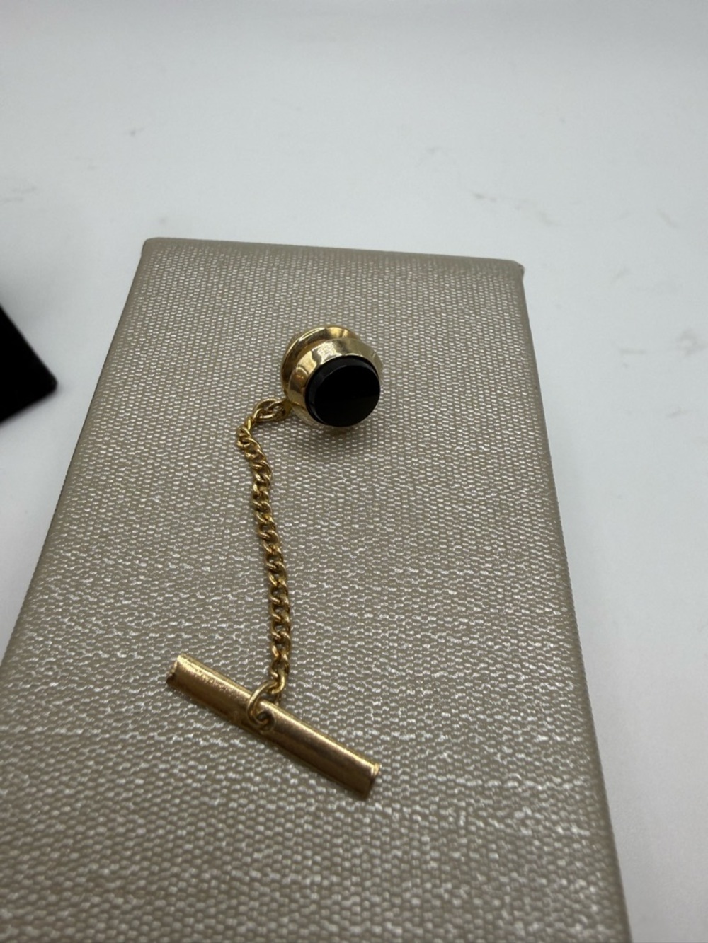 Swank Gold Tone Tie Tack Chain Bar Black Onyx Stone Vintage